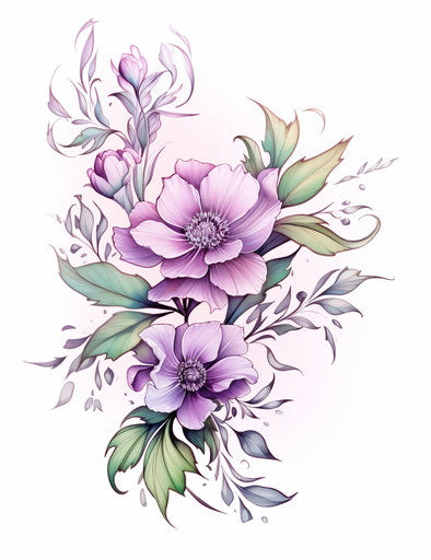 Pink flower with foliage, traditional style, holotone print