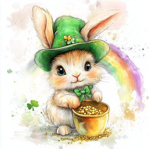 St. Patrick's Day baby bunny with green hat and pot of gold