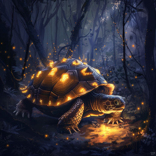 Turtle with glowing shell leads through dark forest