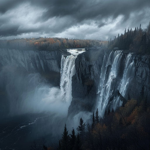 Montmorency Falls, Quebec, under a dark sky