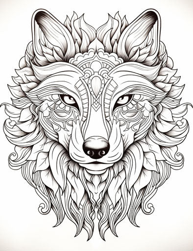 Coloring page of a wolf's head, fantastical crystal creature