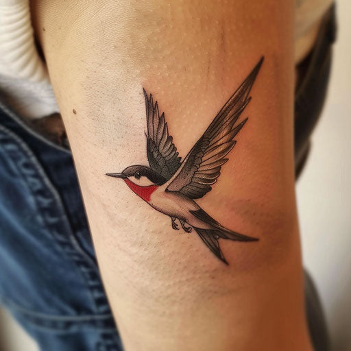 Gothic style swallow tattoo, dark themes and colors