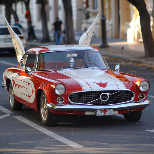1966 Volvo P1800 with angel wings and halo, whimsically modified for a fantasy parade
