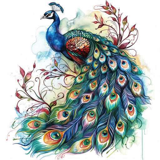 Illustrative peacock tattoo with storybook charm