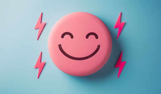 Pink smiley face with lightning bolt eyes