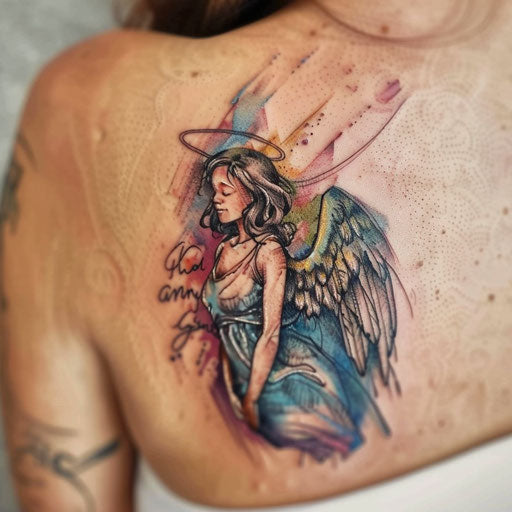 Impressionistic guardian angel tattoo