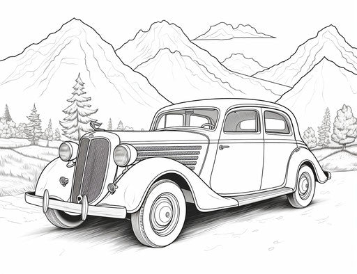 Vintage car coloring page, in the style of creased nostalgia 31:24