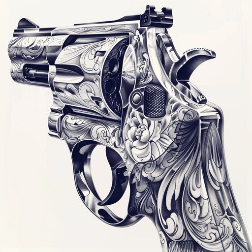 Realistic black and grey revolver gun tattoo design