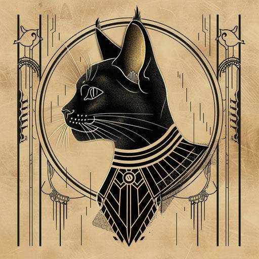 Flat tattoo sketch inspired by Art Deco with Bastet framed by elegant linear designs