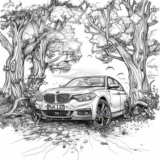 A BMW car in a magical forest with enchanted elements in the style of Gennady Spirin Coloring book page