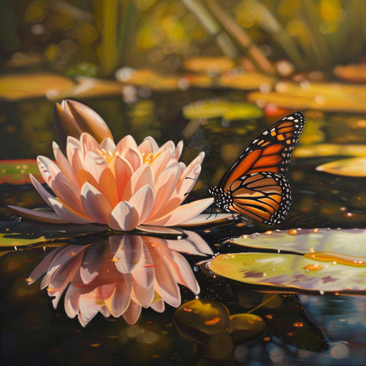 Reflection of a monarch butterfly on a water lily leaf in a tranquil pond