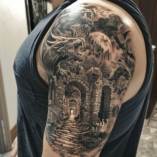 Epic fantasy shoulder tattoo inspired by Peter Jackson