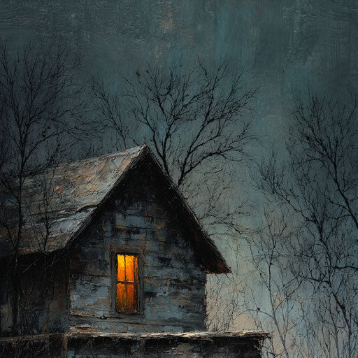 Dilapidated Cabin with Warm Glow in Darkness