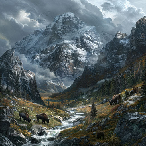 Wood bison in rugged mountain terrain