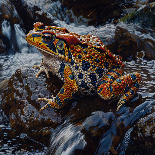 Vibrant pattern of a Western leopard toad against dark wet rocks by a rushing stream