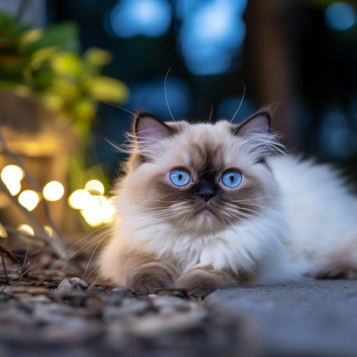 Himalayan cat lying outside at night