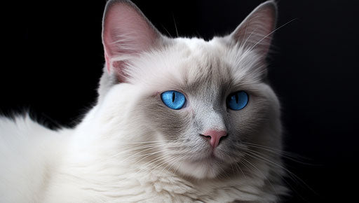White, grey, and blue cat staring at the camera