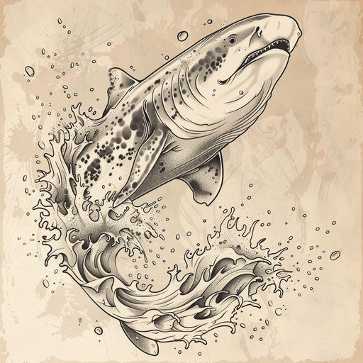 Energetic flat tattoo sketch of a whale shark with dynamic wave splashes and energetic movement