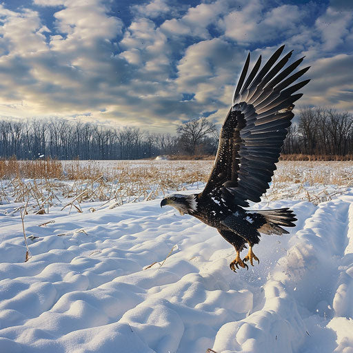 American eagle hunting in snowy fields