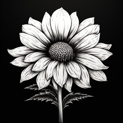 Black and white sketch of a big sunflower, in the style of flowerpunk, graphical