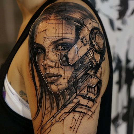 Futuristic shoulder tattoo for women in J.P. Targete style