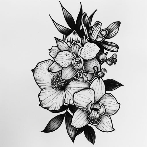 Bold flat tattoo sketch of a birth flower bouquet with dramatic black and white orchids and lotus
