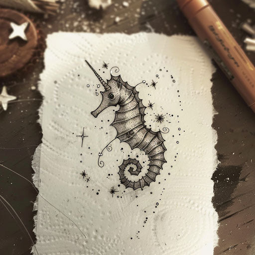 Minimalist black line art tattoo sketch of seahorse with stars