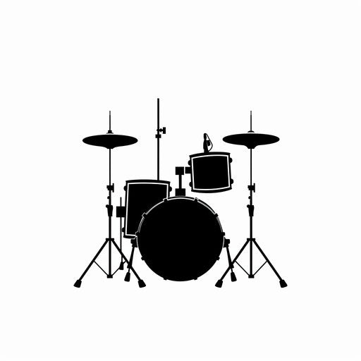 Minimalist drum set silhouette in solid black, clipart flat style