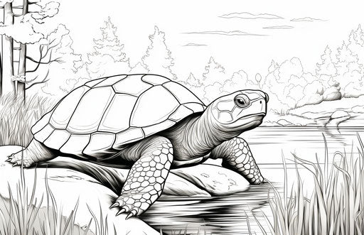 Printable coloring pages, turtles in tranquil gardenscapes