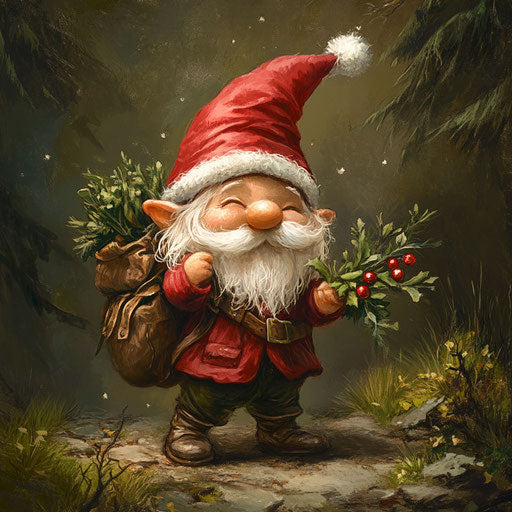 A gnome with a backpack full of mistletoe, setting up surprise kissing spots around the gnome village.