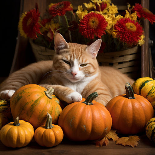 Ginger cat resting with pumpkins
