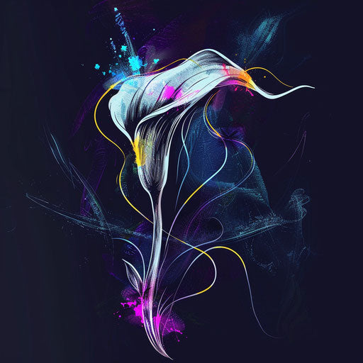 Clipart tattoo sketch of a calla lily with neon color splash on dark background