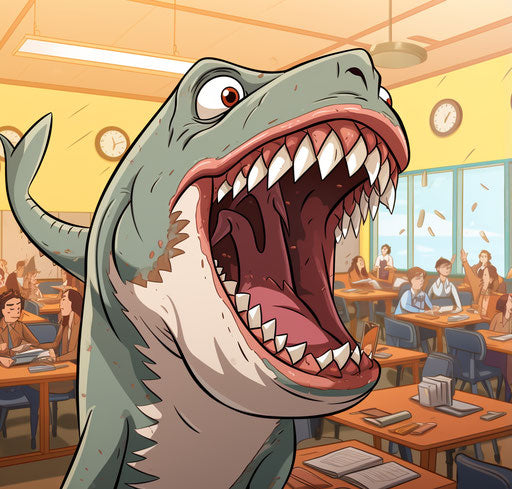 Cartoon shark at school with mouth open