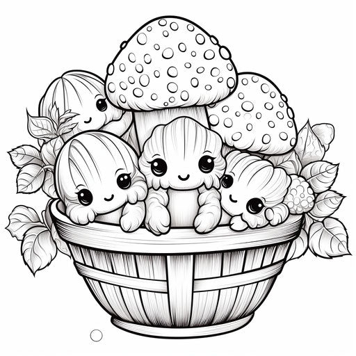 Kawaii basket coloring pages, in the style of emotive watercolors, captivating, berrypunk, recycled, poured, mushroomcore, ilford pan f
