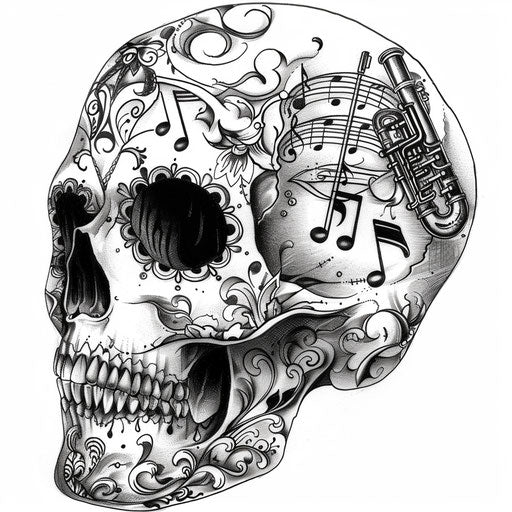 Design a sugar skull tattoo with musical notes