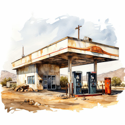 Gas station clipart in the style of oil painting on white background