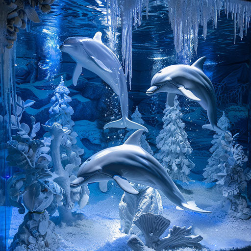 Winter wonderland under the sea, dolphins swimming around ice sculptures