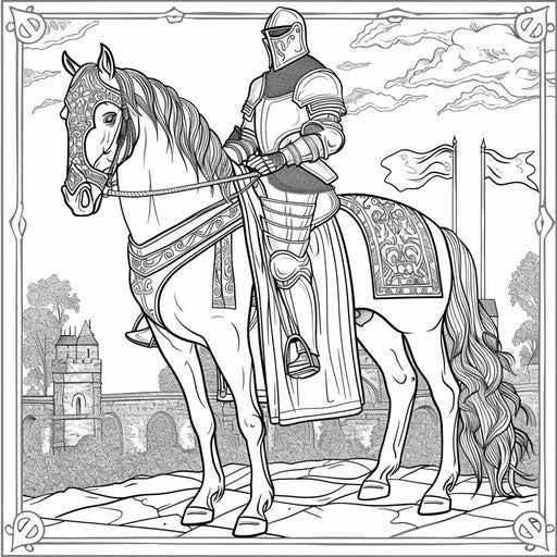 Horse in a medieval knight's armor, standing proudly. Coloring page