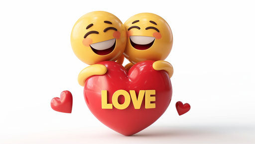 Two happy smileys hugging on a red heart