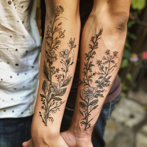 Couple tattoo with botanical elements symbolizing growth together