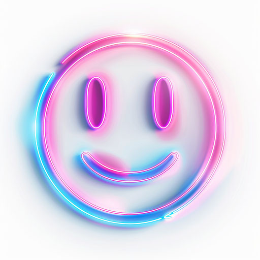 Neon smiley face on white background with blue and pink lights