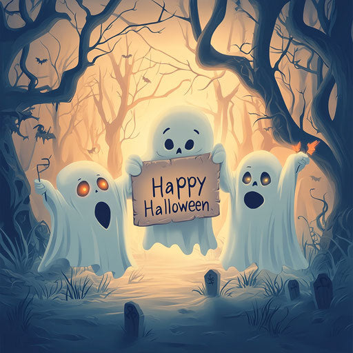 Friendly ghosts holding Happy Halloween sign in misty graveyard
