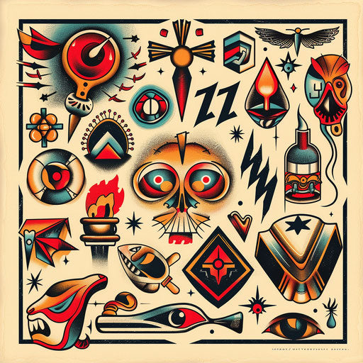 Eleven tattoo sketches surrounded by bold lines and vibrant colors