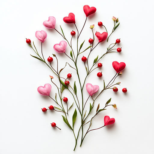 30 pink and red heart-shaped floral stems with berries on white