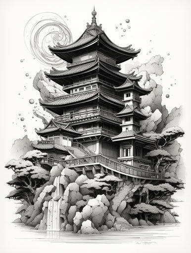 Contemporary Japanese Buddhist temple in ink