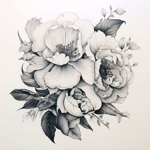 Black and white drawing of flower with many leaves, tattoo style