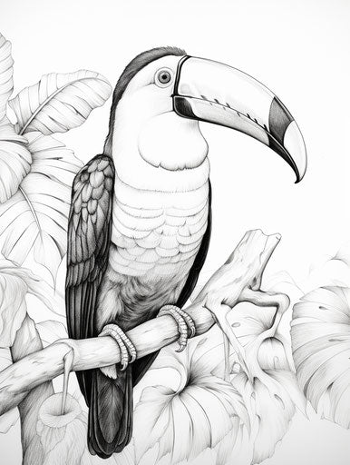 Coloring photo of toucan drawing, in the style of mesmerizing colorscapes, captivating 3:4