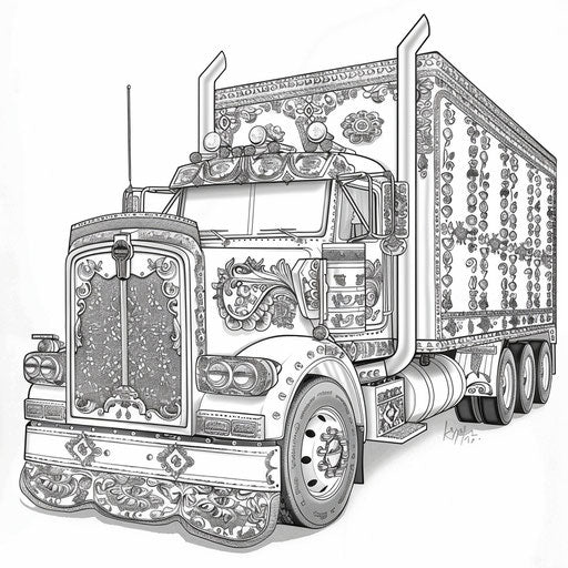 Stylish truck adorned with elegant designs, coloring book page