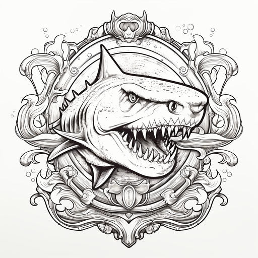 Shark with swords and a banner, art deco, meticulous inking