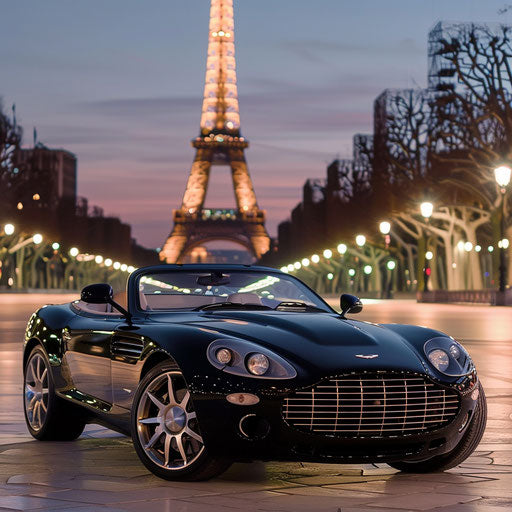 Sleek Aston Martin DB7 Zagato convertible under the Eiffel Tower at dusk